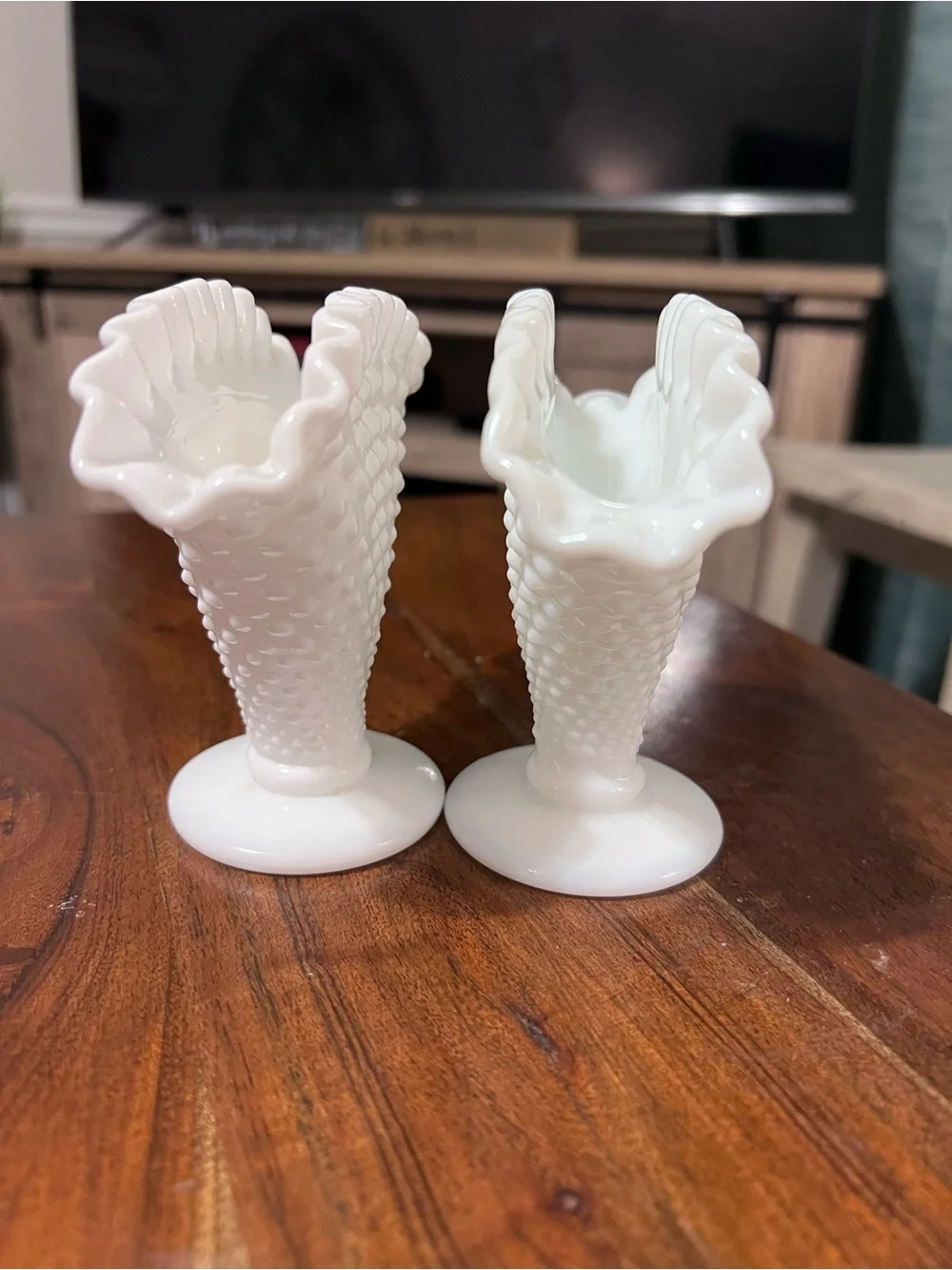 Vintage Fenton Milk Glass Hobnail Fan Vases Ruffled Pair